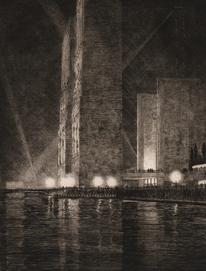 Gerald K. Geerlings architectural etching/lithograph/print. Early American skyscrapers, pre-war, neoclassical, and art deco architecture. Grand Canal, America (Chicago, 1933). Drypoint. 1933 Chicago Worlds Fair.