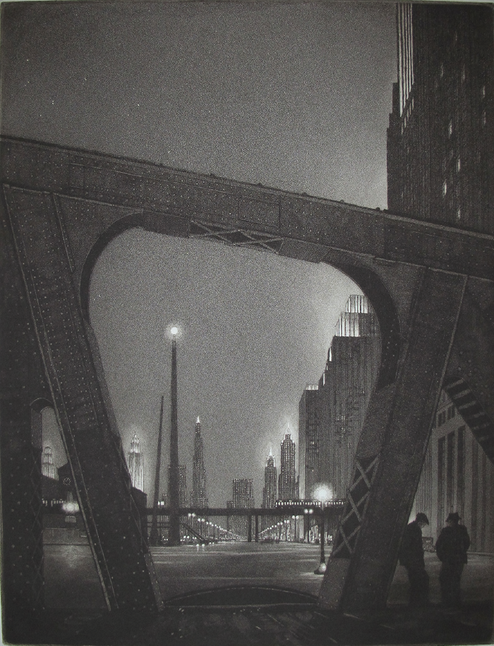 Gerald K. Geerlings art architectural etching/lithograph/fine print. Early American skyscrapers, pre-war, neoclassical, and art deco architecture. Jewelled City (Chicago, 1931). Aquatint, industrialization. Intaglio. Wrigley Building, Mather Tower.