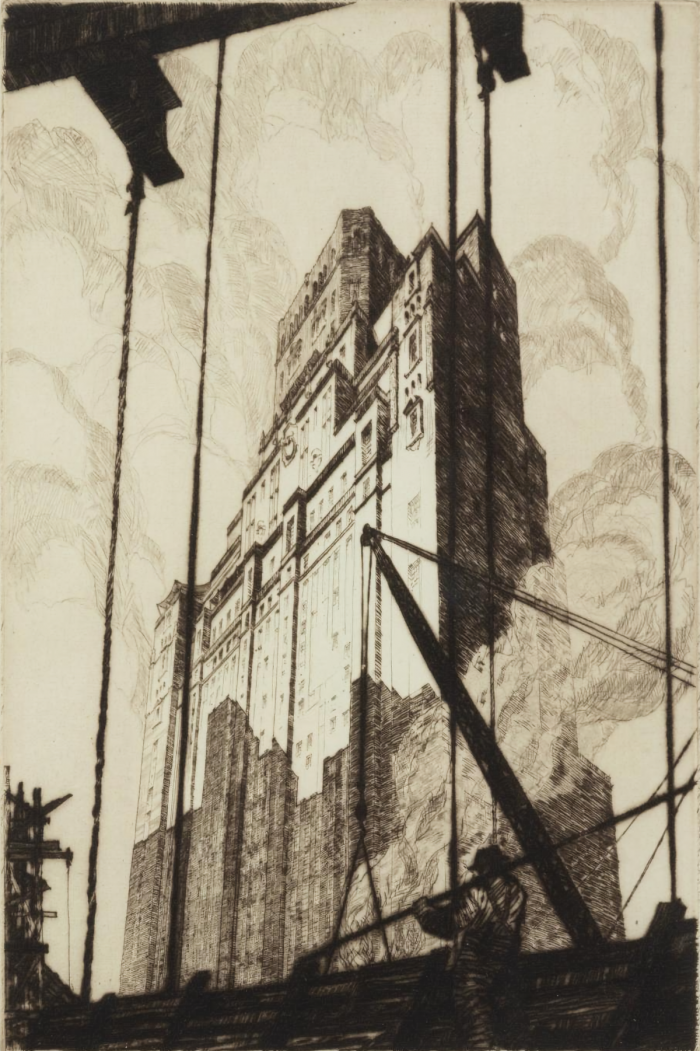 Gerald K. Geerlings architectural etching/lithograph/fine prints. Early American skyscrapers, pre-war, neoclassical, and art deco architecture. Olympus (New York, 1929). Drypoint on paper. Great Depression.