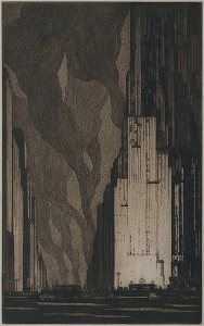 Gerald K. Geerlings architectural etching/lithograph/fine print. Early American skyscrapers, pre-war, neoclassical, and art deco architecture. Up and Going (New York City, 1931). Intaglio print. Etching and aquatint on laid paper.