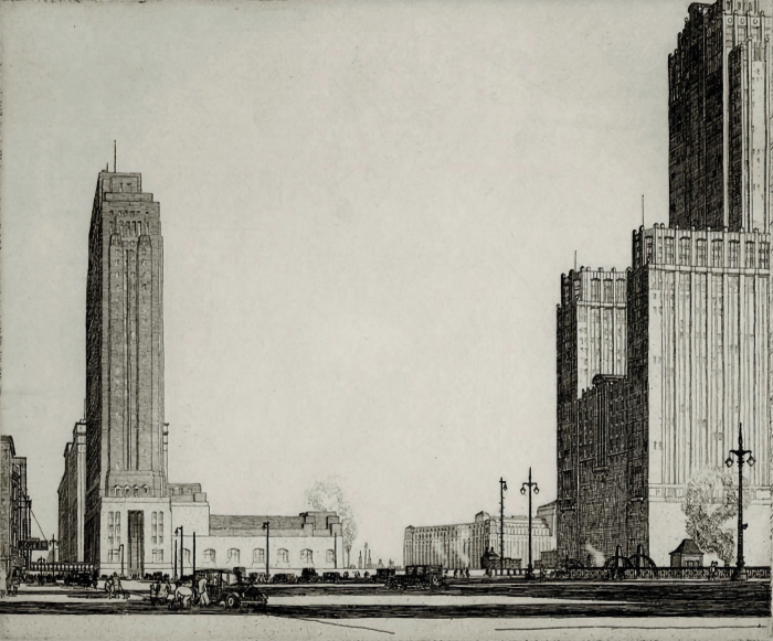 Gerald K. Geerlings architectural etching/lithograph/print early American skyscrapers, pre-war and art deco architecture. Where the West Begins (Chicago, 1932). Intaglio Print. Etching. Fine Art.