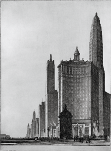 Gerald K. Geerlings art architectural etching/lithograph/fine print. Early American skyscrapers, pre-war, neoclassical, and art deco architecture. The Vertical Mile (Chicago, 1932). Fine Print. Beaux Arts movement.
